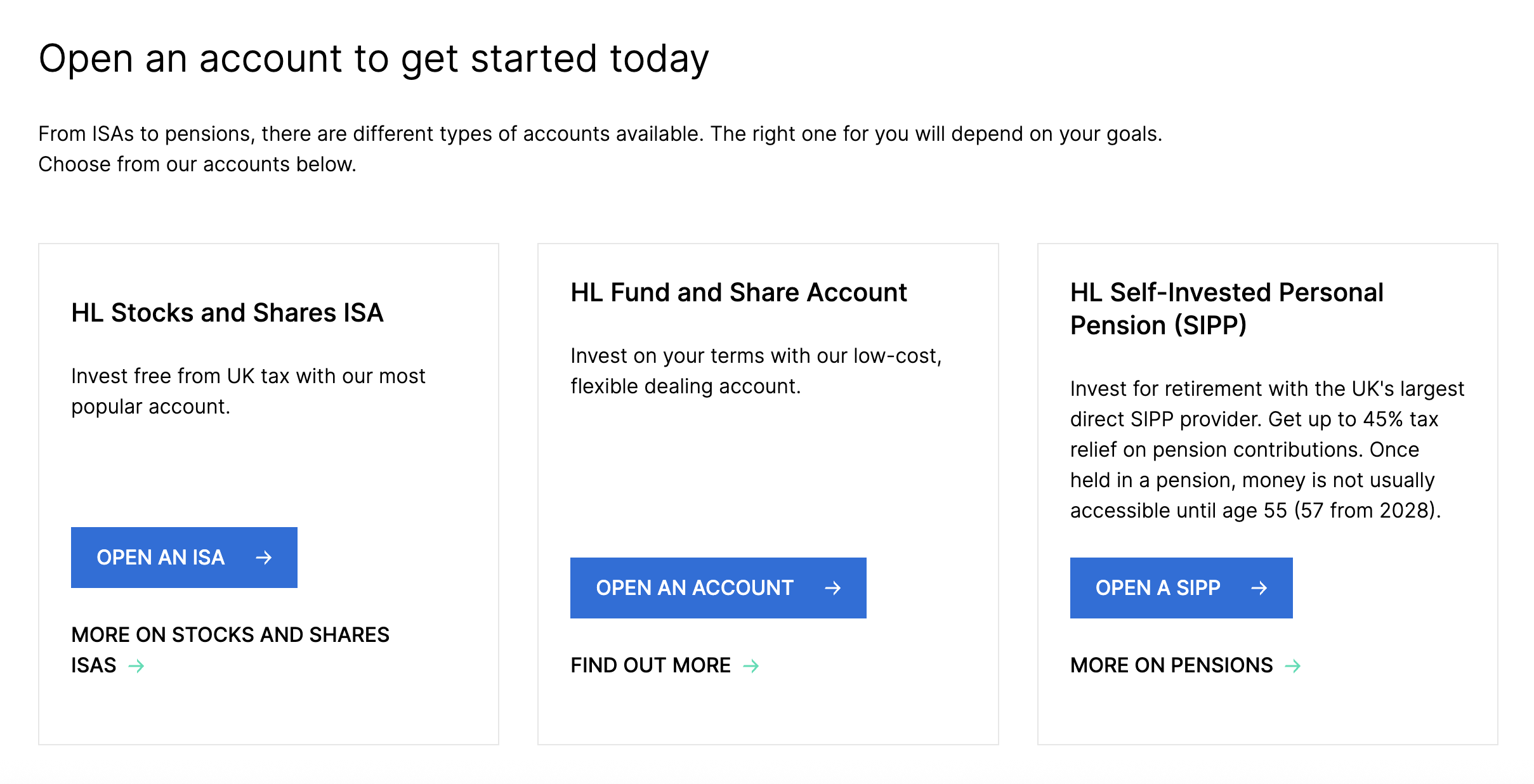 Hargreaves Lansdown open an account page