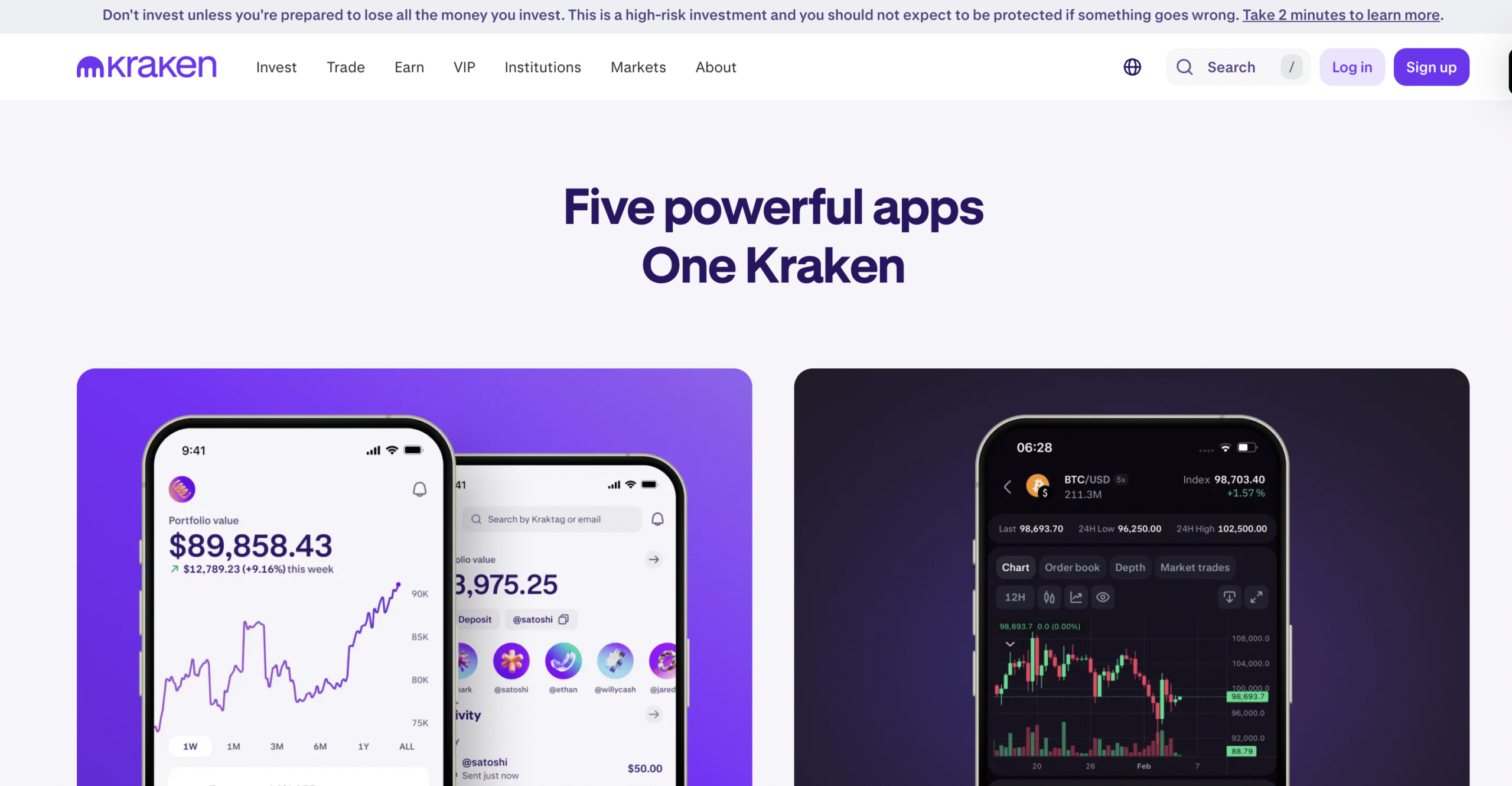 Kraken crypto app login page.