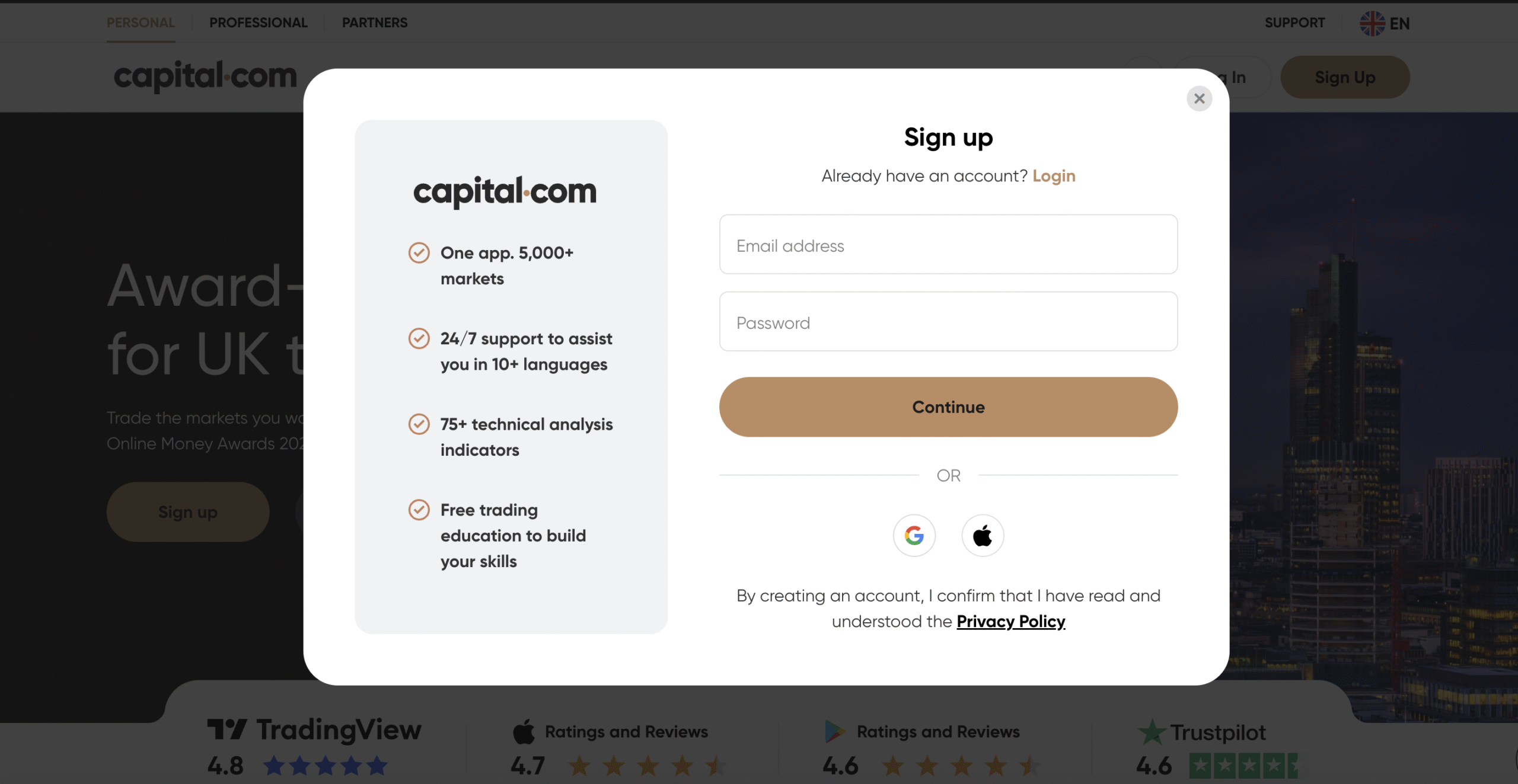 Capital.com signing up page
