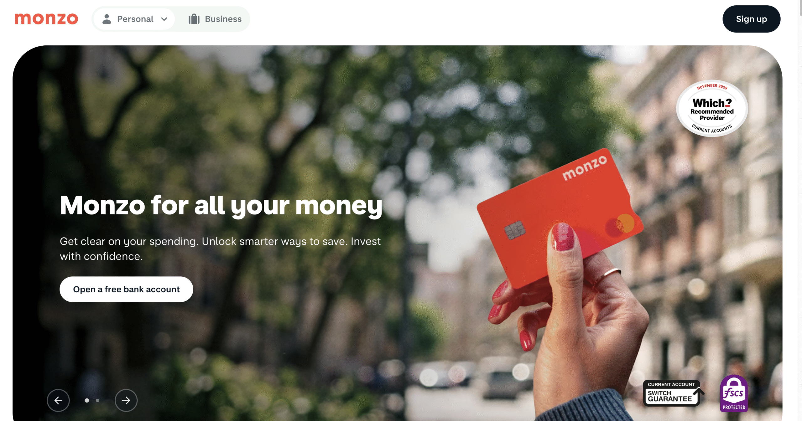 Monzo Bank landing page