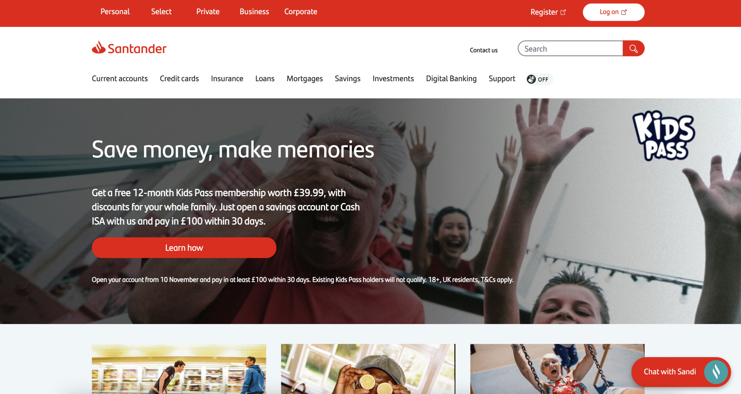 Santander landing page