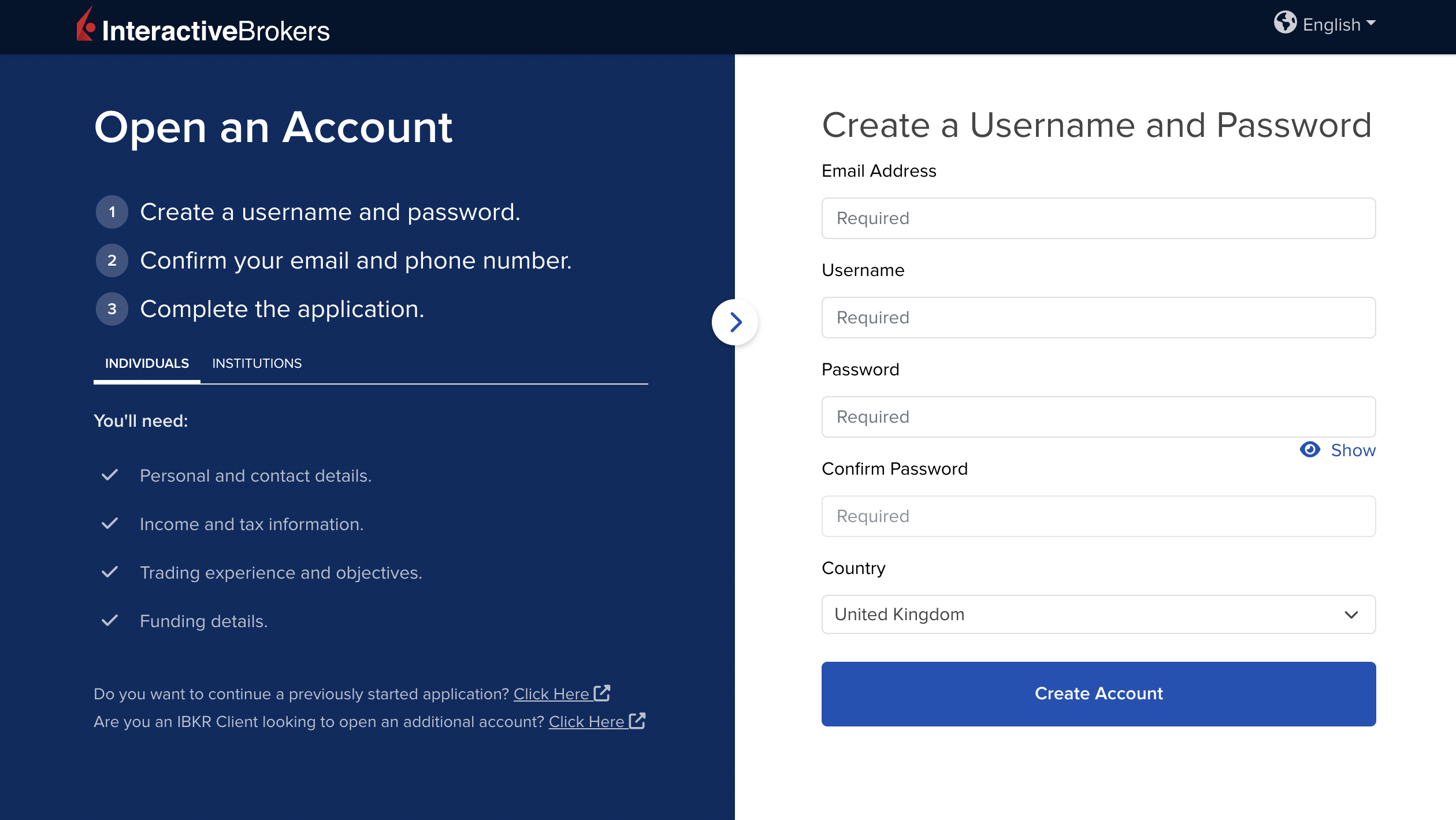 Interactive brokers sign up page