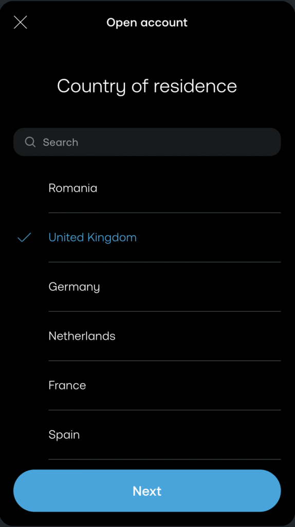 trading 212 sign up screen - country selection