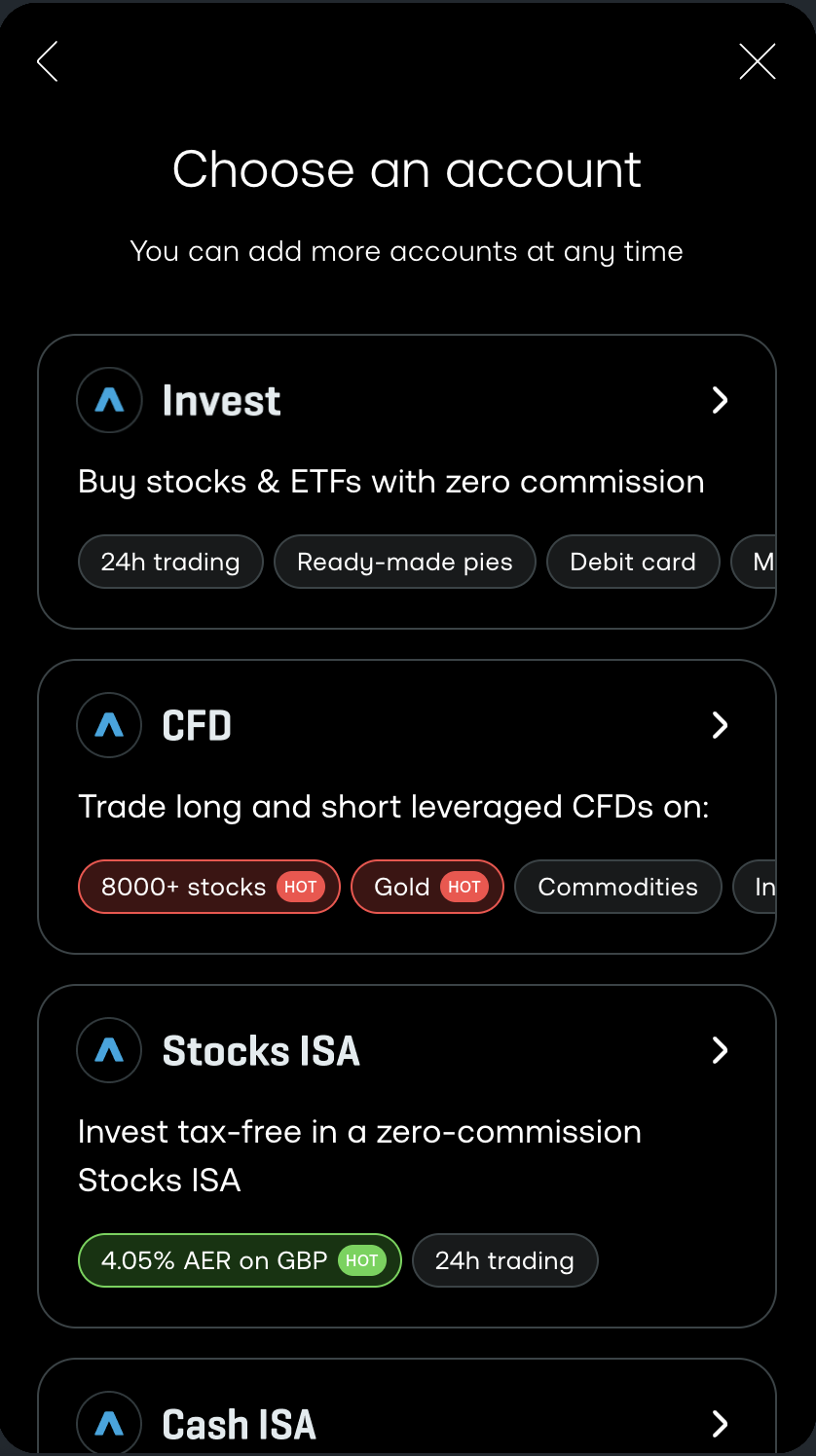 Trading 212 asset selection screen