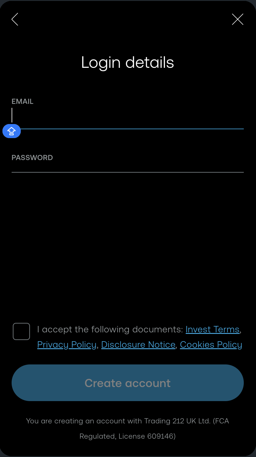 trading 212 sign up - email and password selection