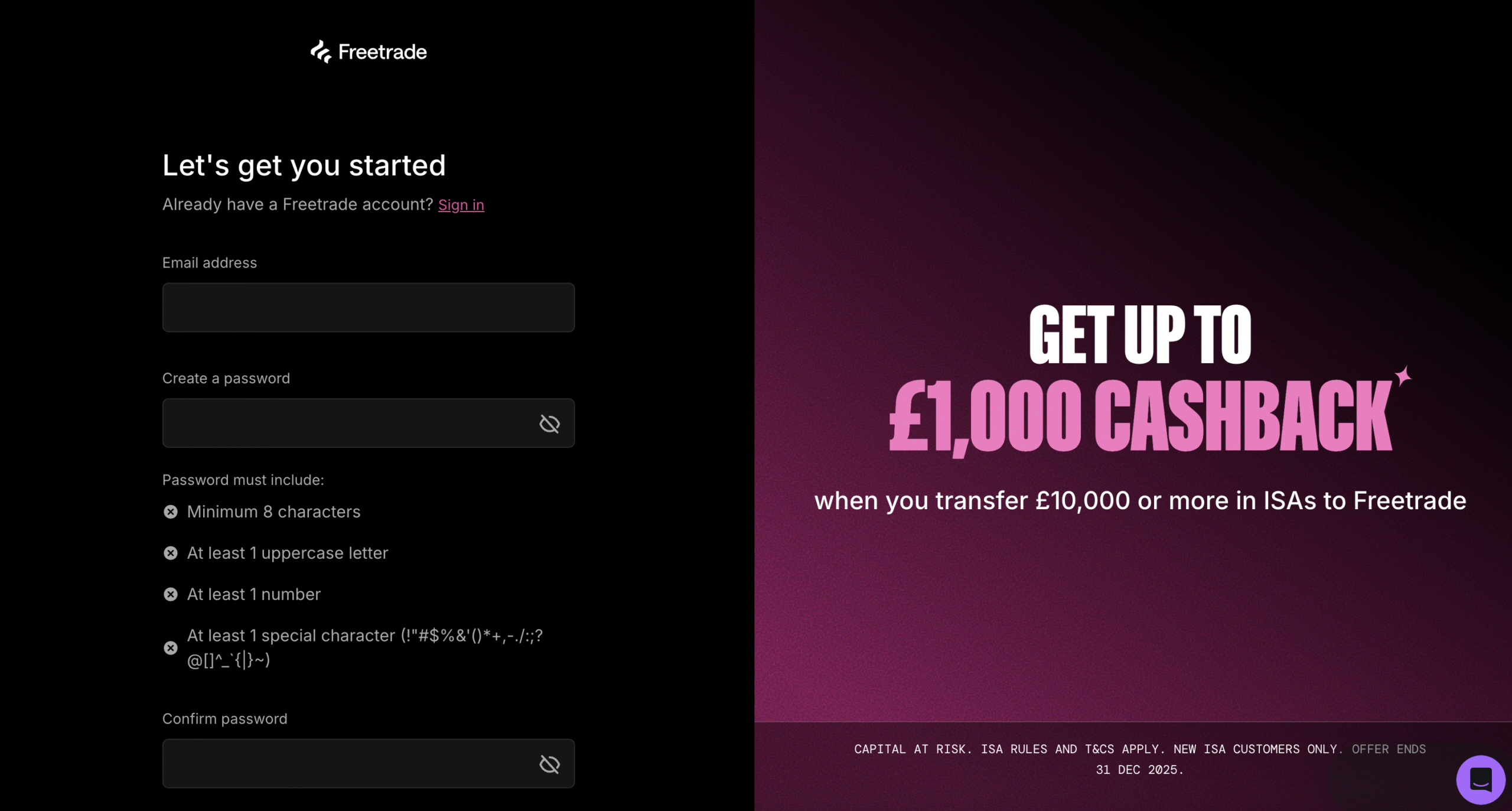 Freetrade sign up page