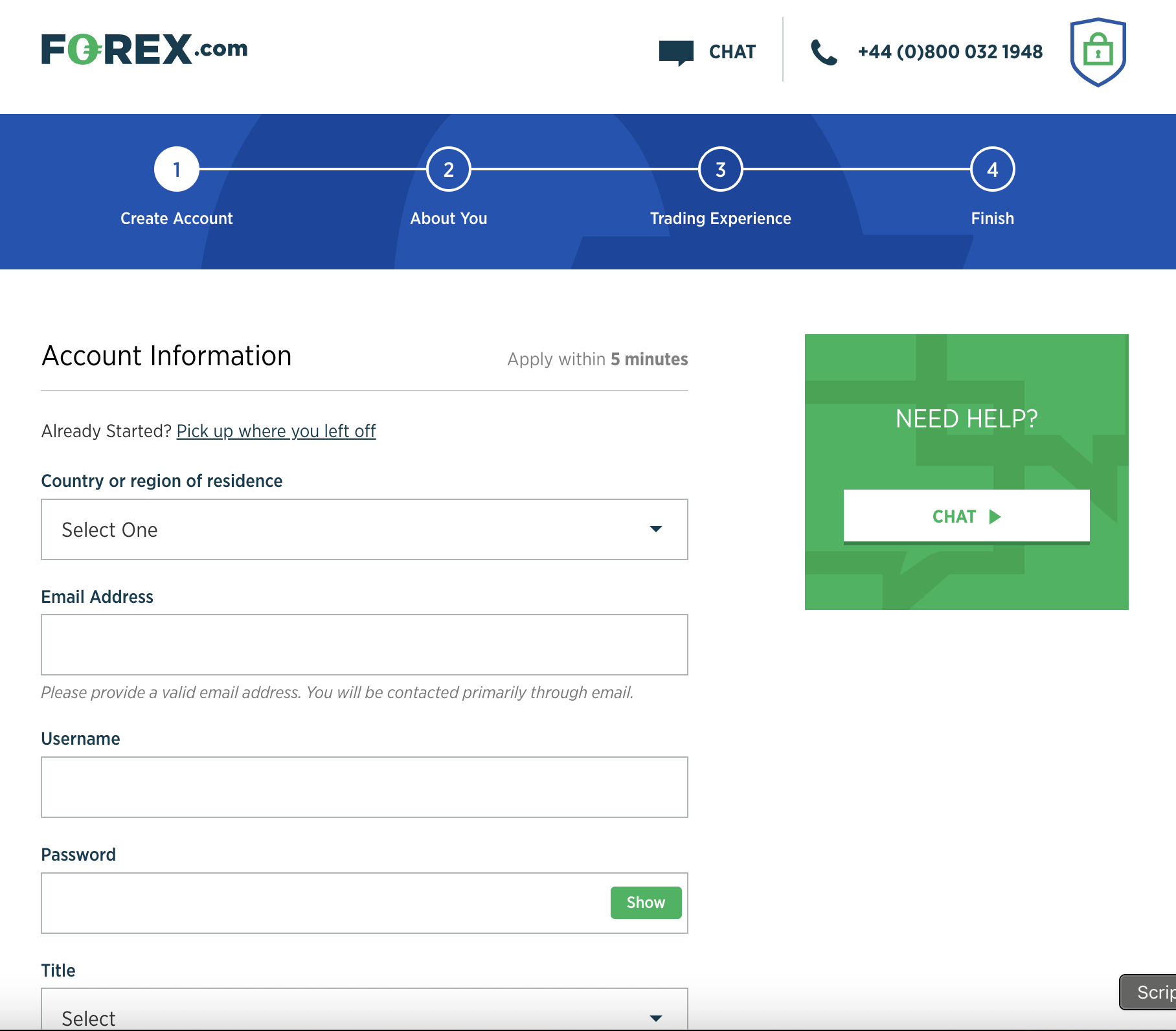 forex.com sign up page