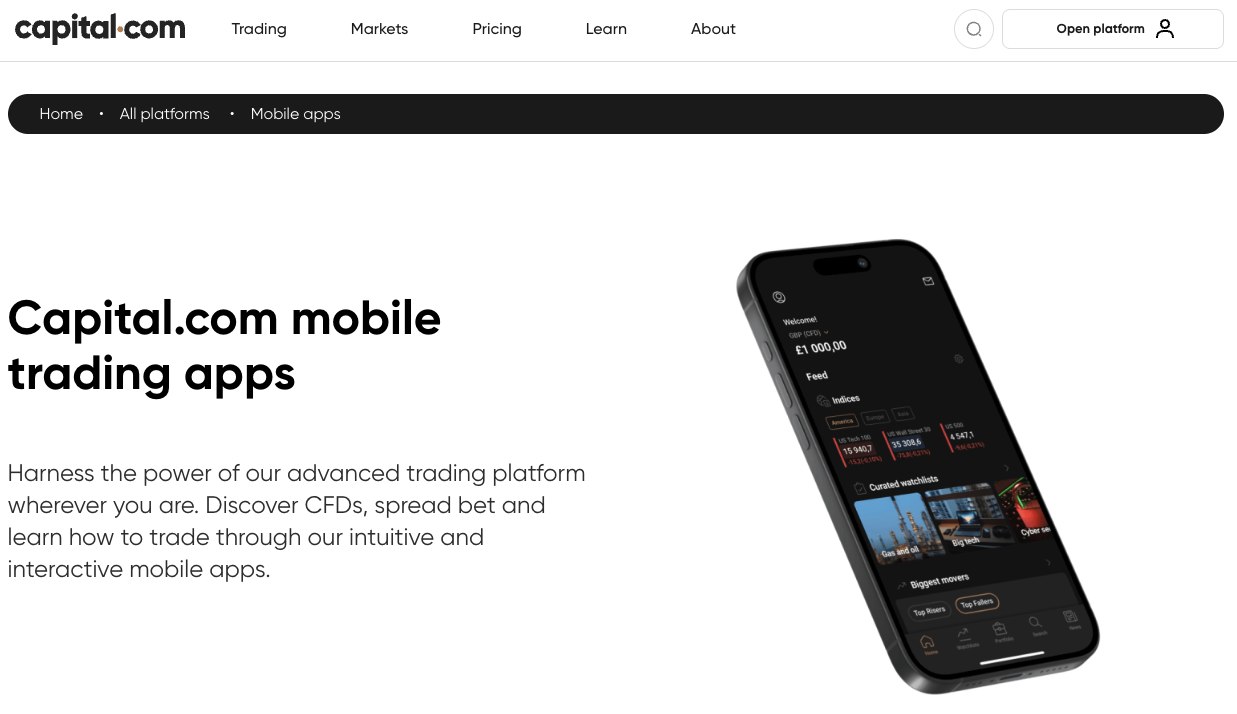 Capital.com UK stock trading app.