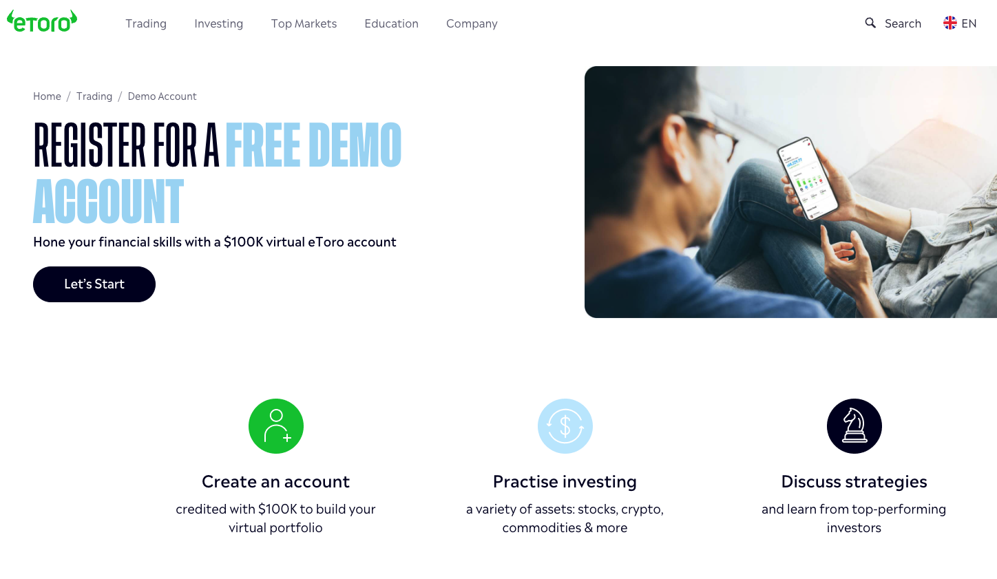 eToro demo account page