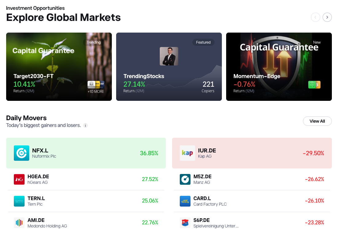 eToro in app investment opportunities page