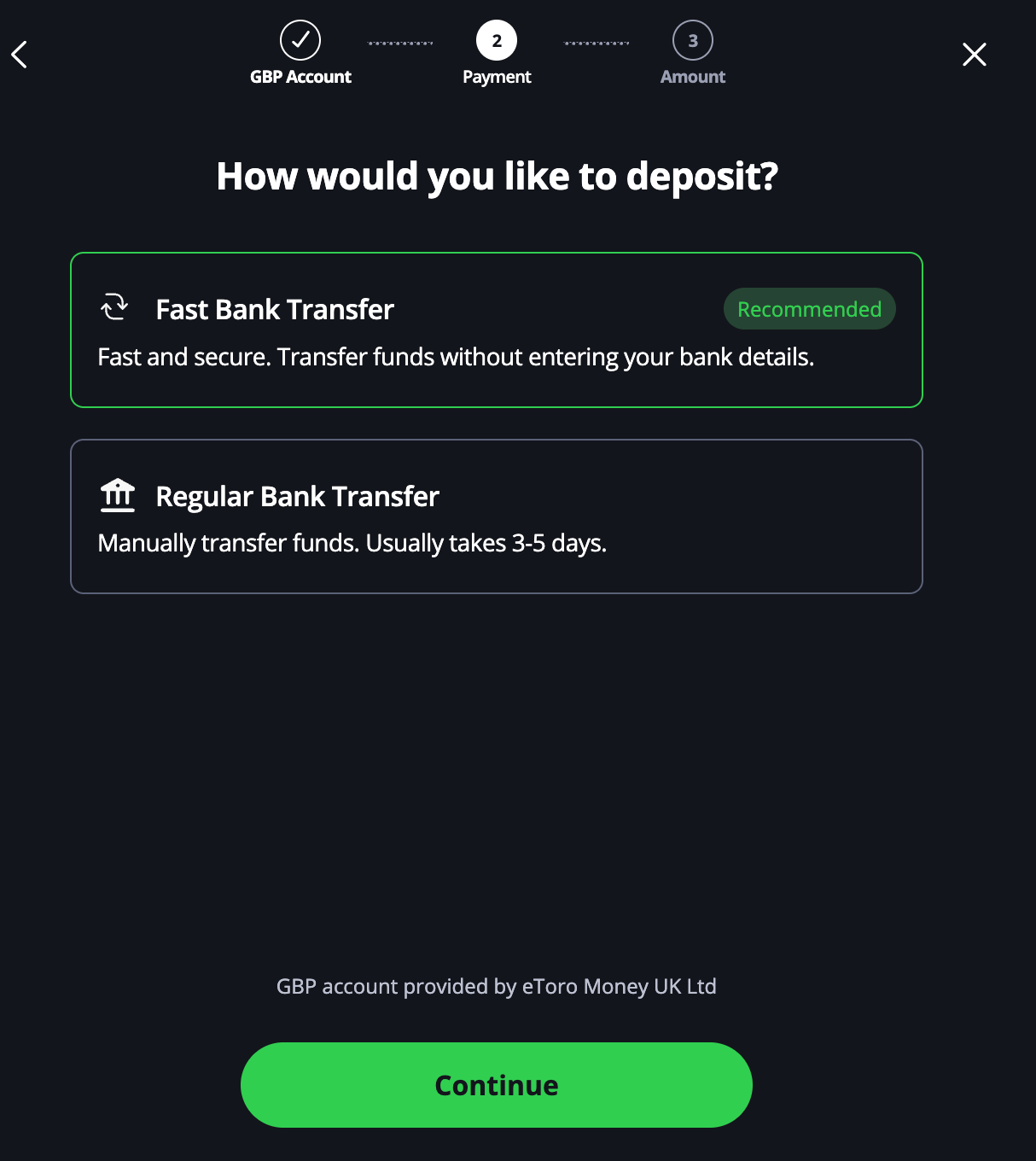 Depositing money on eToro.
