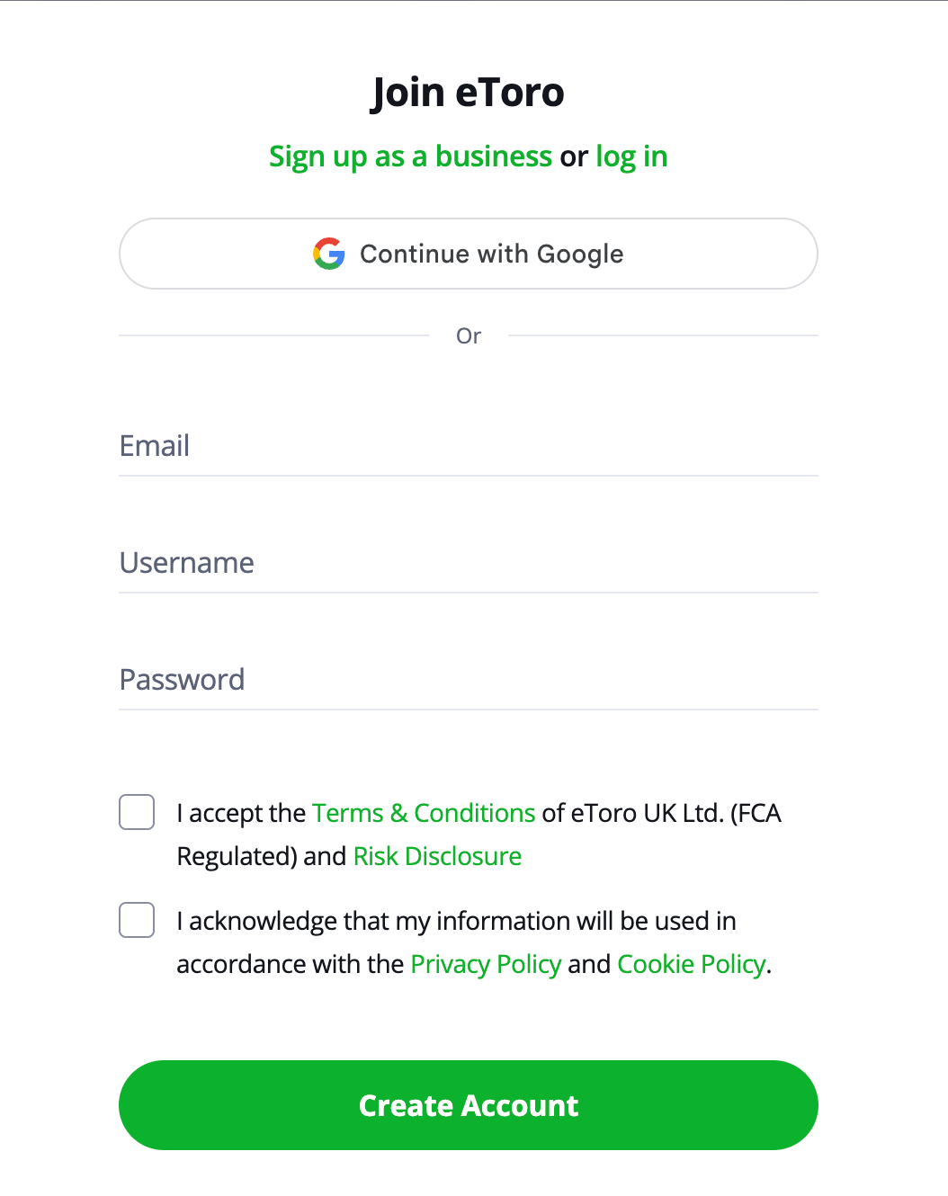 Signing up to eToro to buy Ethereum in the UK.