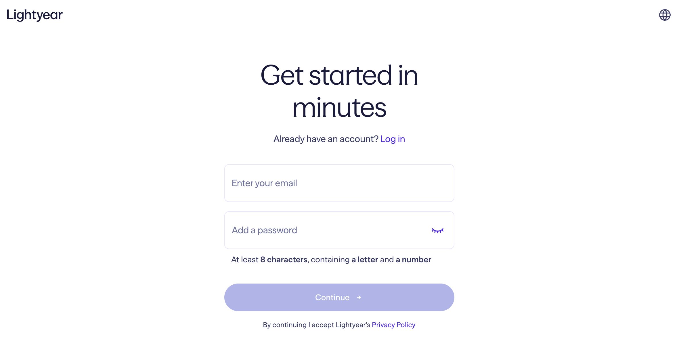 Lightyear sign up page